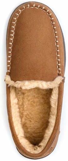 Zigzagger Men's Moccasin Slippers on a person's feet, showing the comfort and support of the memory foam insoles