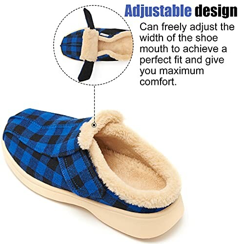 Blue plaid slippers with adjustable design and fur lining.