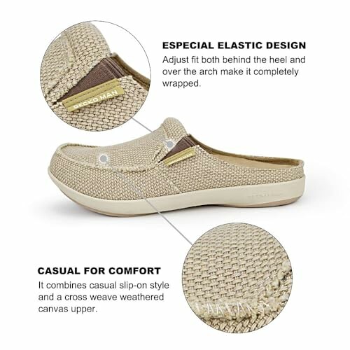 Beige casual slip-on shoe with elastic design and canvas upper.