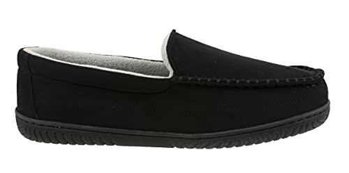 Black moccasin slipper with rubber sole.