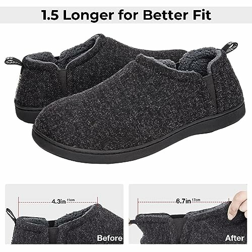 Black slippers with longer fit feature
