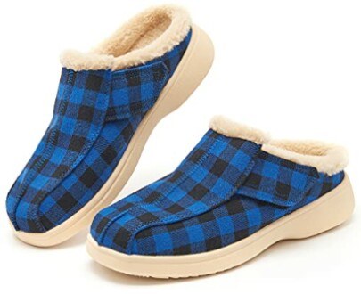 Blue plaid slip-on slippers with cream fur lining.