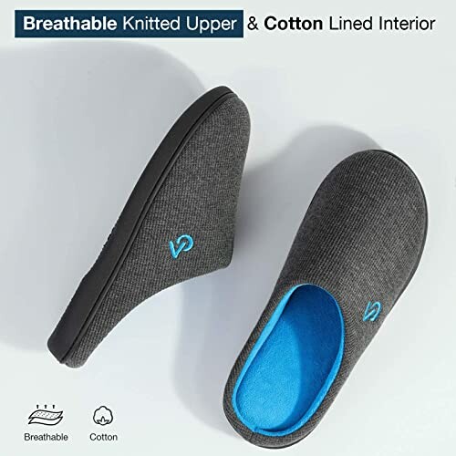 Gray slippers with blue interior, breathable knitted upper and cotton lining.