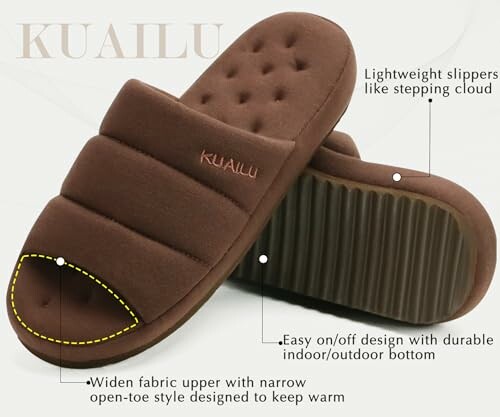 Brown cushioned slippers with open toe and durable sole.