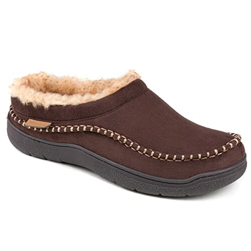 Brown fleece-lined slipper with stitched detailing