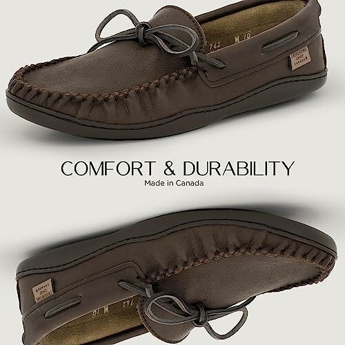 Brown leather moccasin loafers with comfort and durability text.