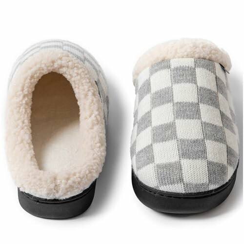 Gray and white checkered slippers with fleece lining