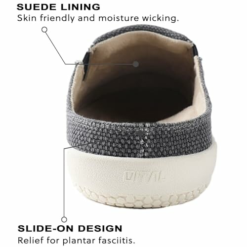 Back view of a slide-on shoe with suede lining and plantar fasciitis relief.
