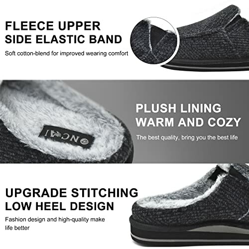 Warm fleece slippers with plush lining and elastic band.
