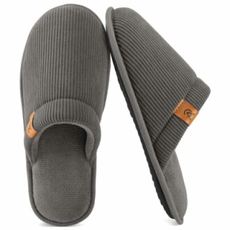 Gray corduroy slippers with brown accents