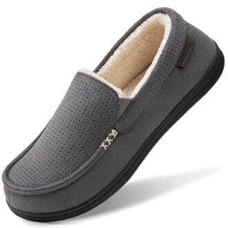 Gray fleece-lined men's slipper with black sole.