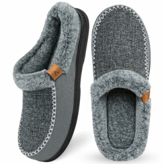 Gray fleece-lined slippers with textured design.