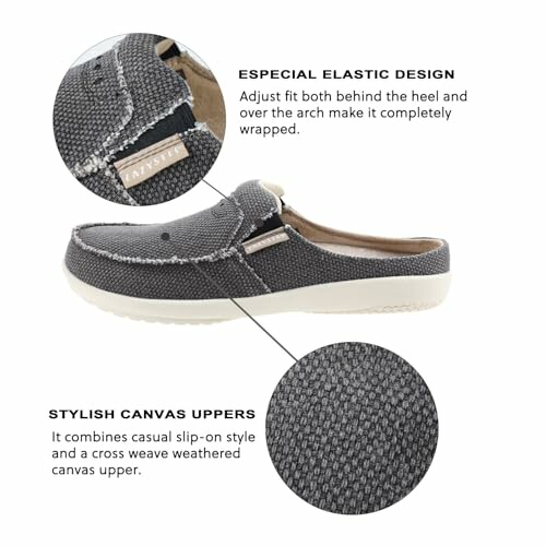 Grey slip-on casual shoe with elastic design and canvas uppers.
