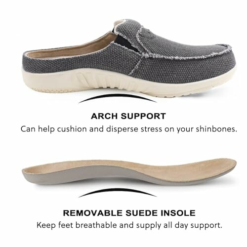 Grey slip-on shoes with arch support and removable suede insole.