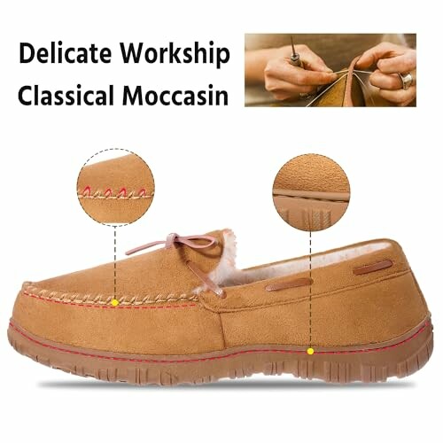 Hand-stitching a classical moccasin shoe.