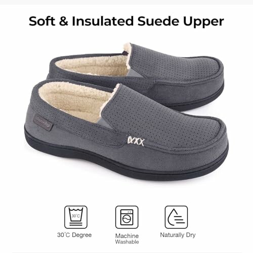 Gray suede slippers with soft insulated upper and care icons.