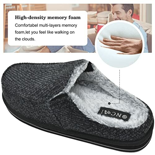 Gray slipper with high-density memory foam and soft interior.