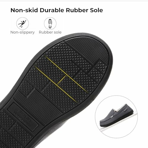 Close-up of shoe with non-skid durable rubber sole highlighting non-slippery feature.