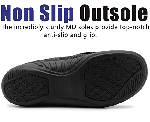 Shoe sole with non-slip design and text about durability and grip.